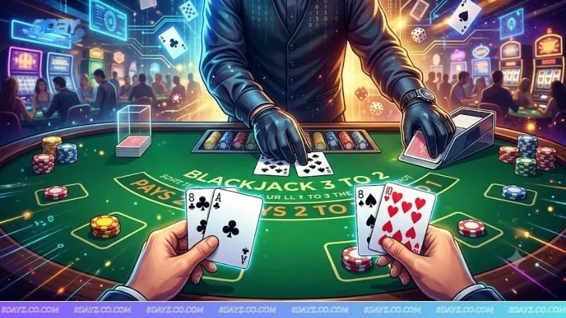 Cận cảnh cặp bài 8 được tách thành hai tay riêng biệt khi tìm hiểu khi nào nên chia đôi bài trong blackjack.