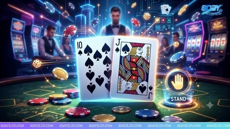 Giao diện game xì dách hiển thị cặp bài 10 tuyệt đối giữ nguyên không áp dụng khi nào nên chia đôi bài trong blackjack.