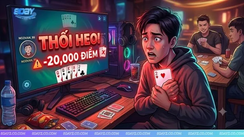 Màn hình game sâm lốc hiển thị lỗi thối heo do ôm bom quá lâu, một lỗi cần tránh trong mẹo đánh sâm lốc khi cầm bài xấu.