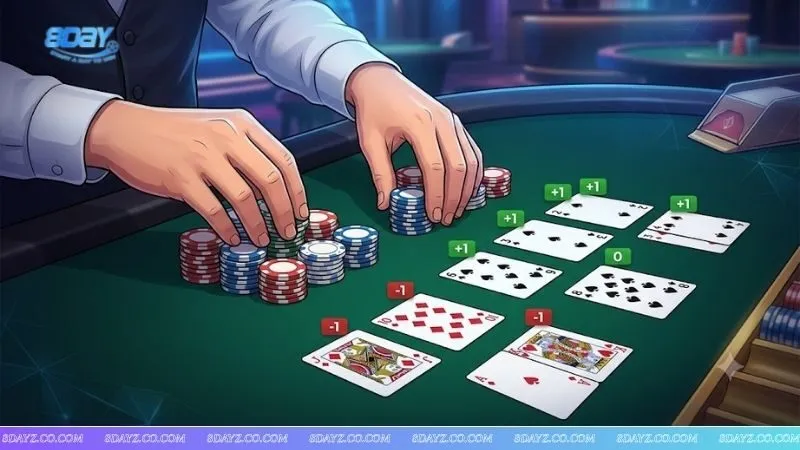 Người chơi phân chia chip cược hợp lý kết hợp chiến thuật blackjack đếm bài Hi-Lo để tối ưu hóa nguồn vốn.