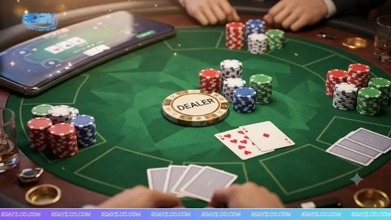 Hình ảnh bàn chơi chuyên nghiệp làm nổi bật tầm quan trọng của vị trí ngồi trong poker khi nắm giữ nút Dealer.