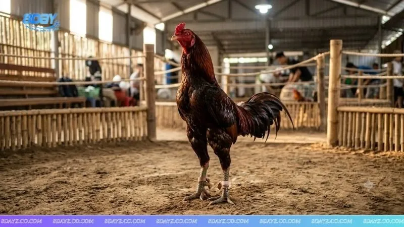 Chiến kê khỏe mạnh đang tập luyện là hình ảnh minh họa cho chế độ dinh dưỡng cho gà đá trước khi ra trường hiệu quả