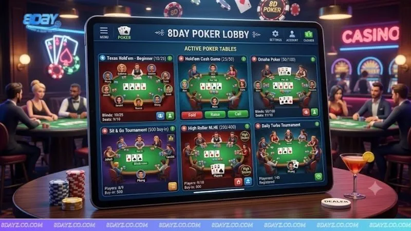 Giao diện sảnh Poker tại 8DAY nơi người chơi vận dụng mẹo chọn bài khởi đầu trong poker để thi đấu