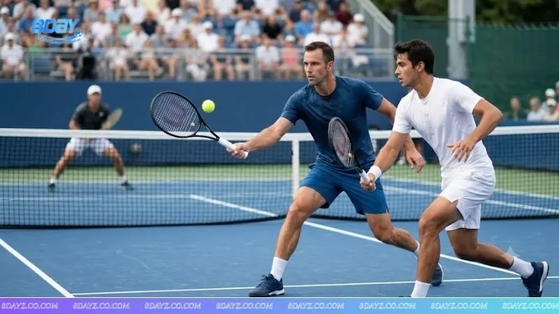 Hai tay vợt phối hợp đánh đôi trên sân, lưu ý đặc thù khi thực hiện cách cược tie break trong tennis doubles