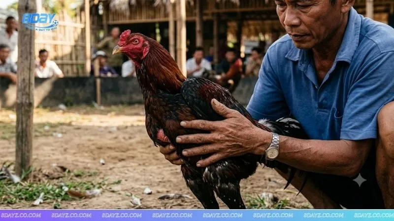 Sư kê đang kiểm tra độ săn chắc của cơ bắp gà chọi để điều chỉnh chế độ dinh dưỡng cho gà đá trước khi ra trường